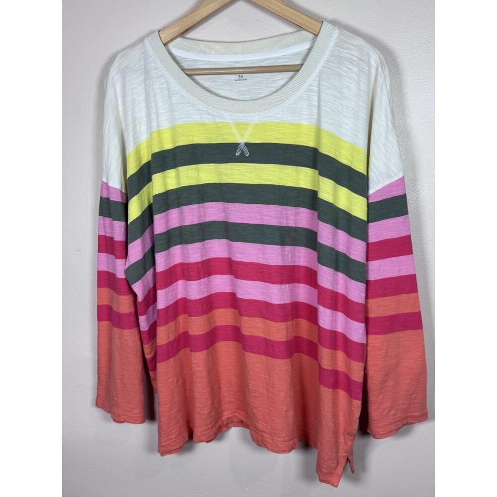 T By Talbots Womens Plus Size Top Shirt Striped Crewneck Slub Knit Cotton 3X